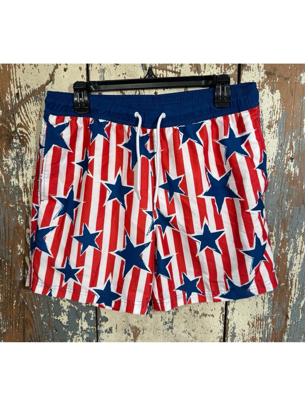 Mad Engine Swim Shorts Trunks men's size Medium Red White Blue Stars Patriotic